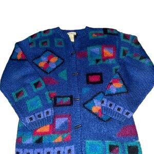 Vintage 90s L.L. Bean Womens Small Mohair Rainbow Geometric Cardigan Sweater Art